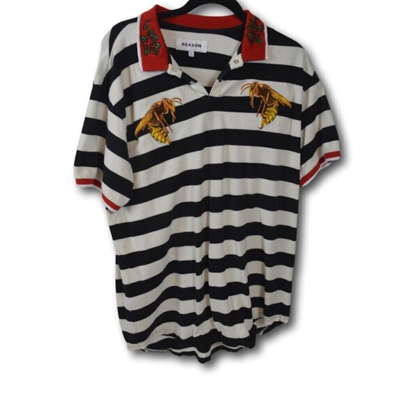 Reason Mens B&W Striped Polo Shirt w Embroided Bees & Roses Size: L - Picture 2 of 4